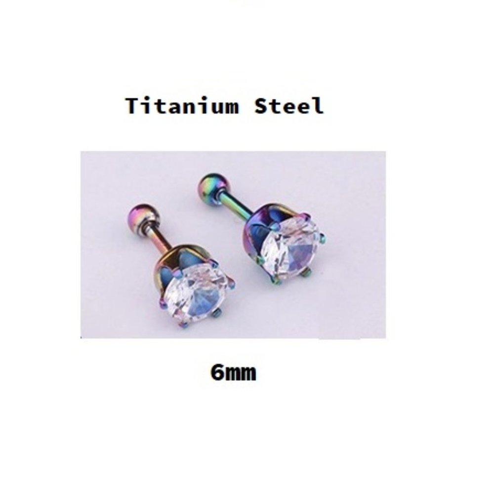Titanium ~ 6mm ~ Titanium Steel Six Prong Round Swarovski Crystal Earring
